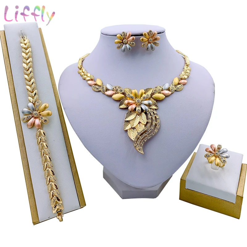 Liffly Nigerian Wedding Bridal Jewelry Luxury Dubai Gold Sets for Women Flowers Necklace African Beads Set | Украшения и