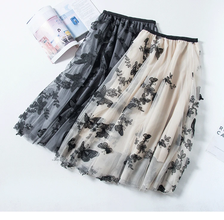 

High Quality Embroidery Skirts Womens Summer Autumn 2021 Vintage Ol Elegant Retro Midi Skirts Women Butterfly Mesh Long Skirt