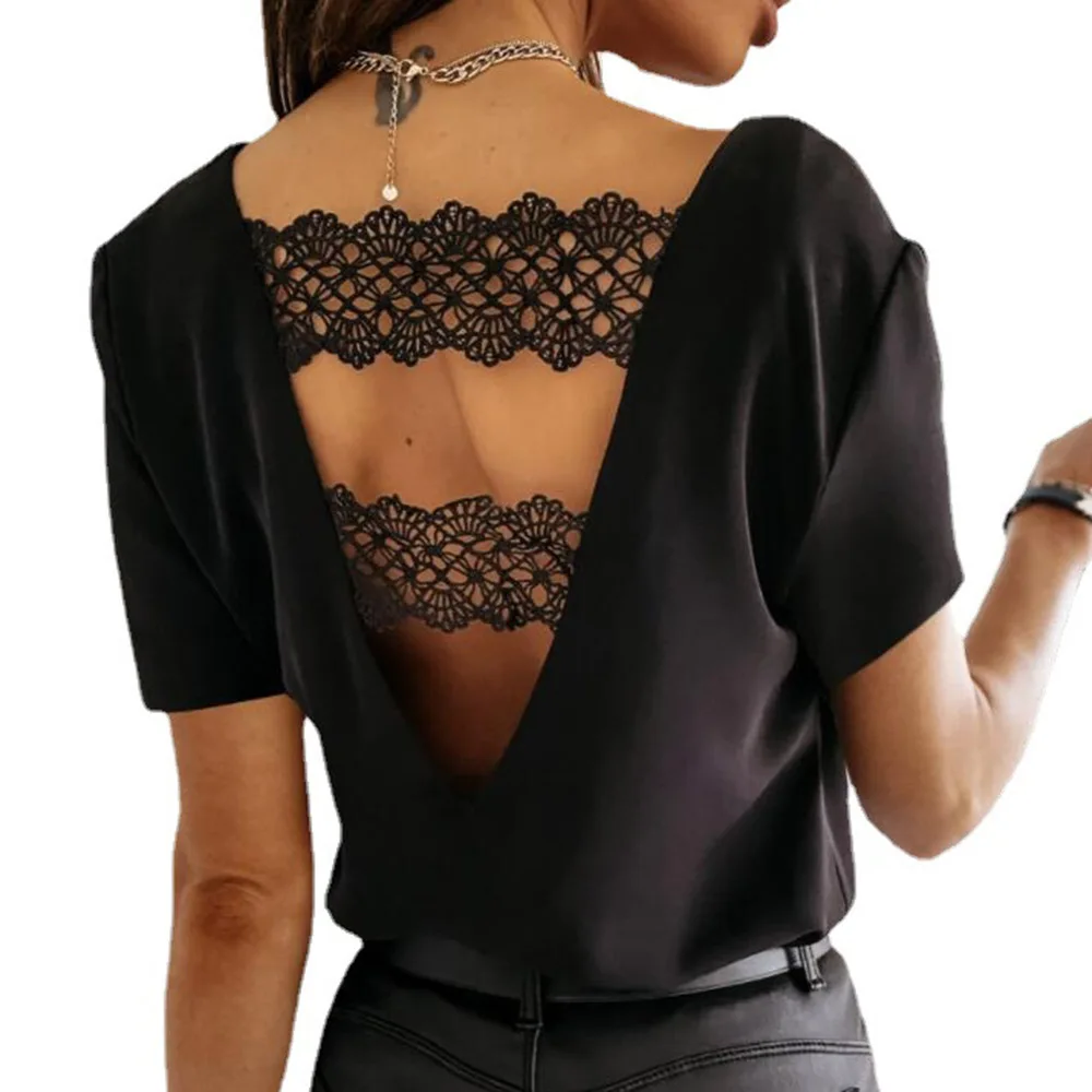 

Casual Style T-Shirt Fashion Loose Temperament Sexy V-neck Lace Backless Hollow Out Solid Color Round Neck Summer 2021