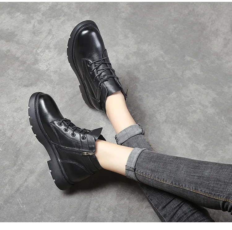 

GKTINOO Genuine Leather Women Boots Motorcycle Boots Autumn Winter Female Ladies Shoes Lace Up Fashionable Platform Ankle Boots