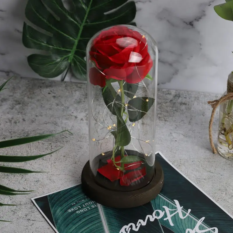 

Beauty and the Beast Rose Red Rose in a Glass Dome with A Wooden Base for Valentine's Gifts Wedding Anniversary Birthday