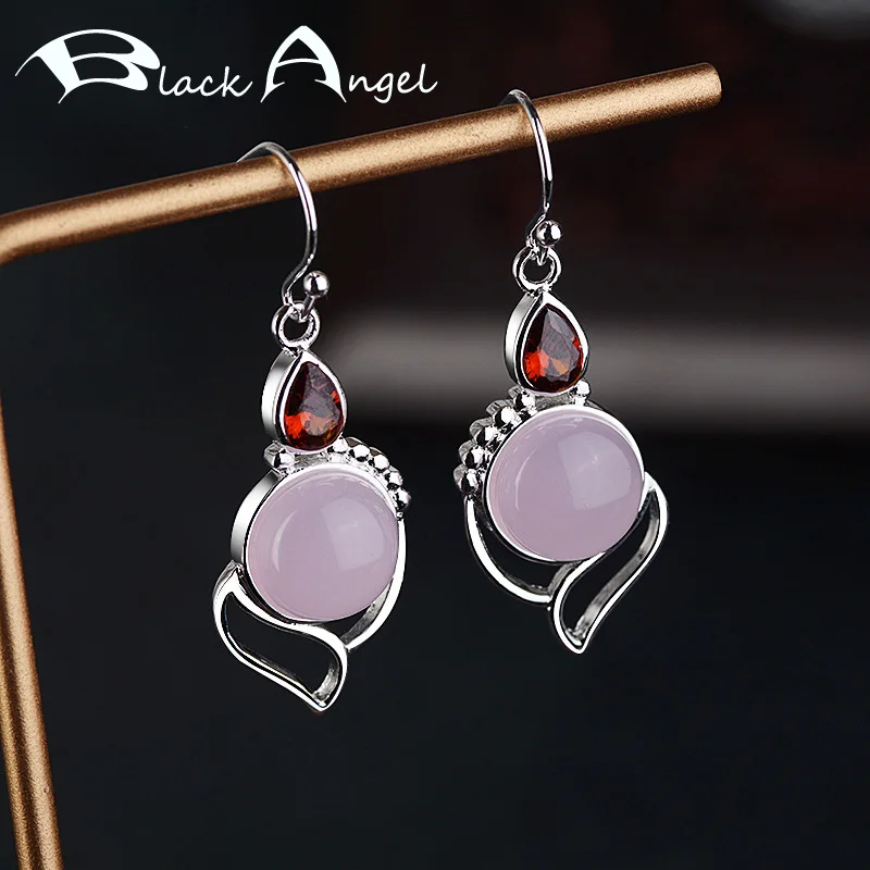 

BLACK ANGEL 2020 New Silver 925 Round Rose Quartz Ruby Ethnic Drop Earrings Jewelry Women Party Gift Dropshipping