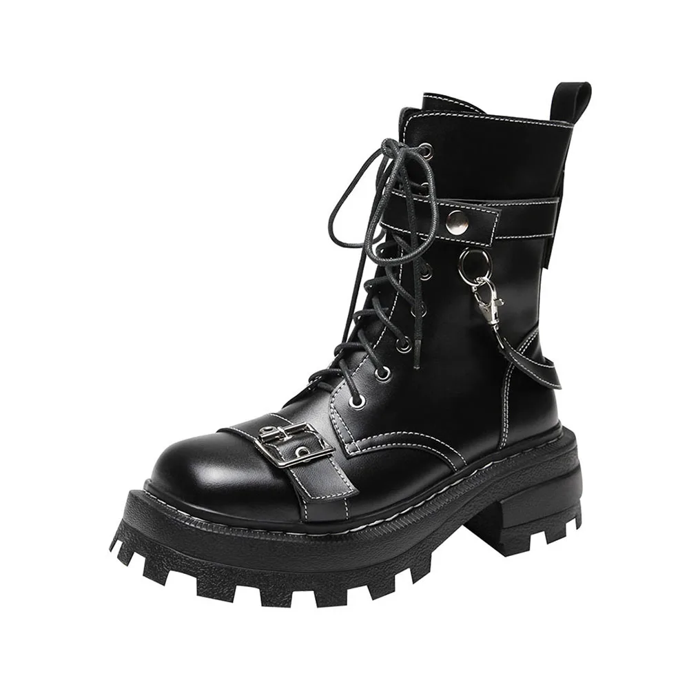 

Winter Punk Women Martin Boots High Heel Genuine Leather Thick Plush Warm Motorcycle Shoes 2020 Gothic Lace Up Platform