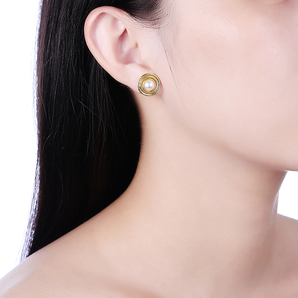 

SILVERHOO 925 Sterling Silver Round Stud Earrings Gold Color Pearl Earrings For Women Anniversary Party Forever Fashion Jewelry