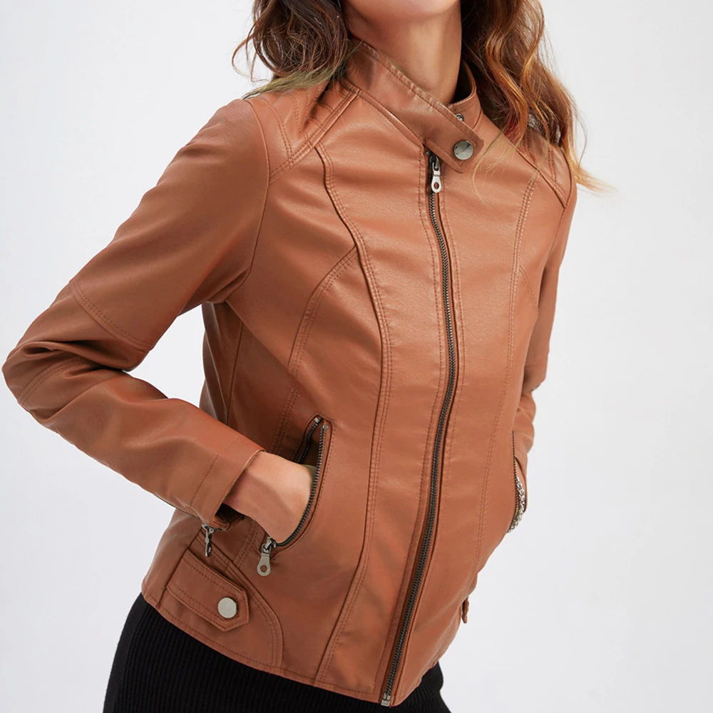 

Women Leather Jacket Autumn Zipper Casual PU Soft Solid Motorcycle Leather Coat Fashion Streetwear Lady Slim Fit Jacket Dropship