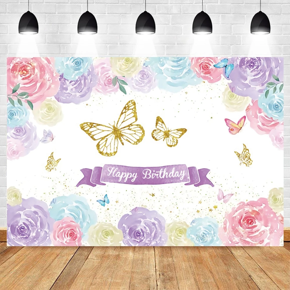 

Happy Birthday Party Baby Photography Background Flowers Golden Butterfly Customizable Text Photocall Backdrop Studio Shoot