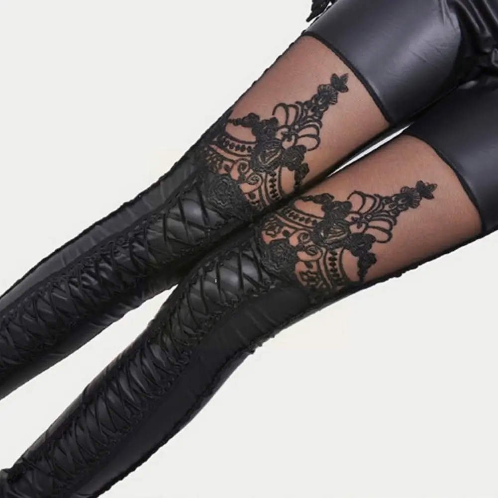

Stylish Sexy Women Faux Leather Gothic Punk Leggings Lace Leather Belt Imitation Nine-point Pants Trousers Skinny Pants G6H4