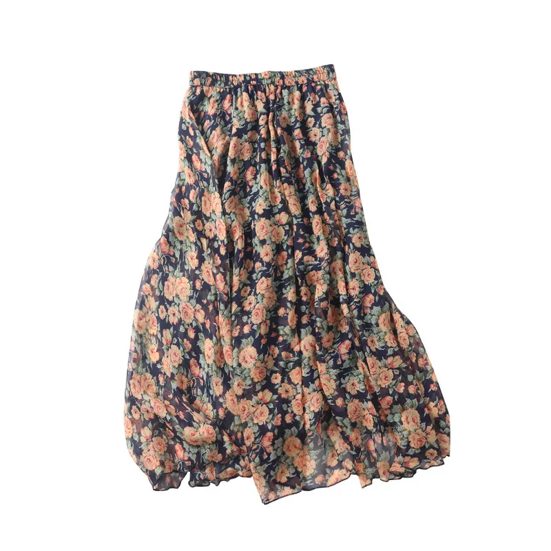 

Women skirts pleated yellow chiffon silk flower 2020 summer Vintage sexy Long beach Skirt A-Line Elegant free shipping