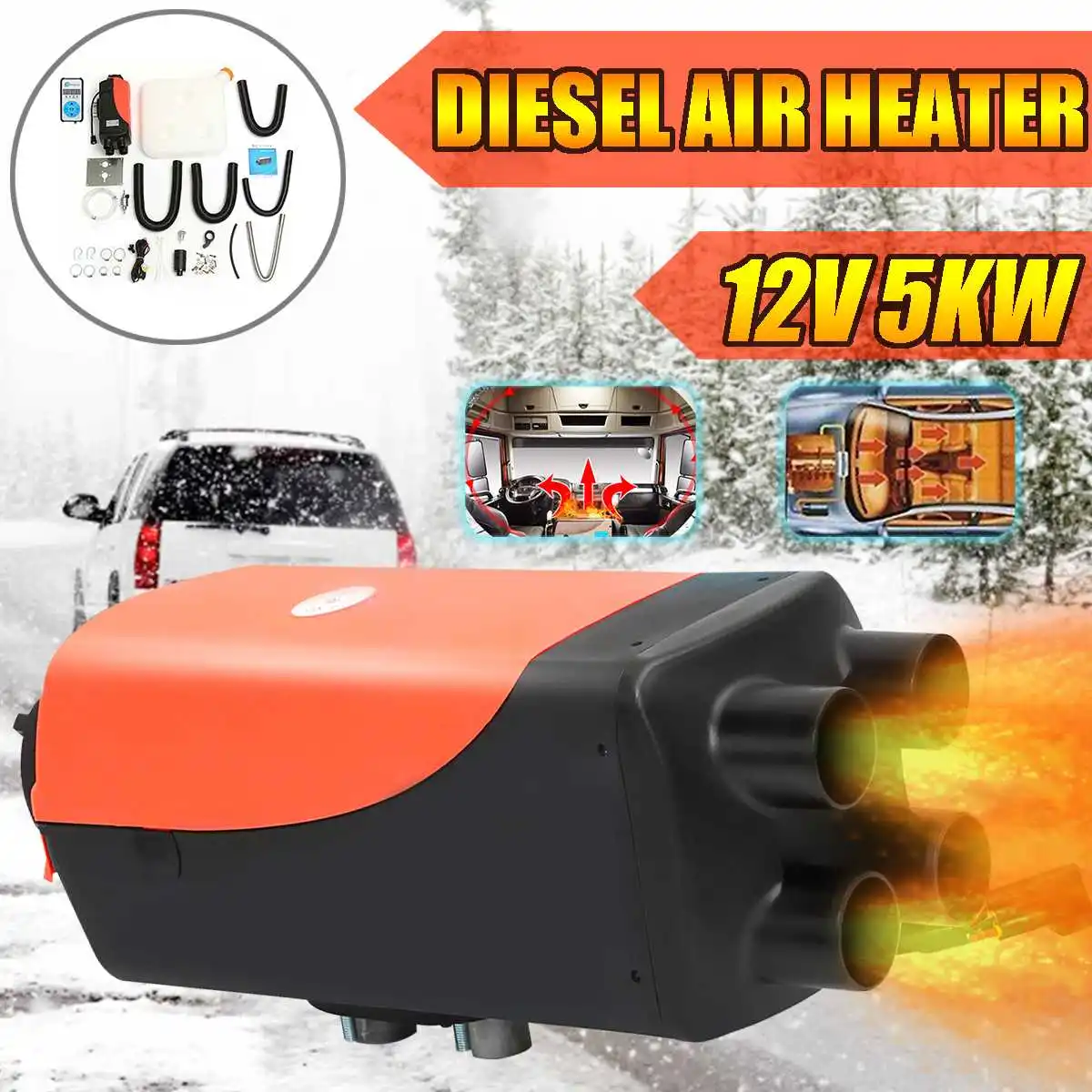 

12V 5KW Portable Diesel Air Heater With LCD Digital Switch Remote Control 4 Holes For Car RV Trailer Truck Diesel Parking Heater
