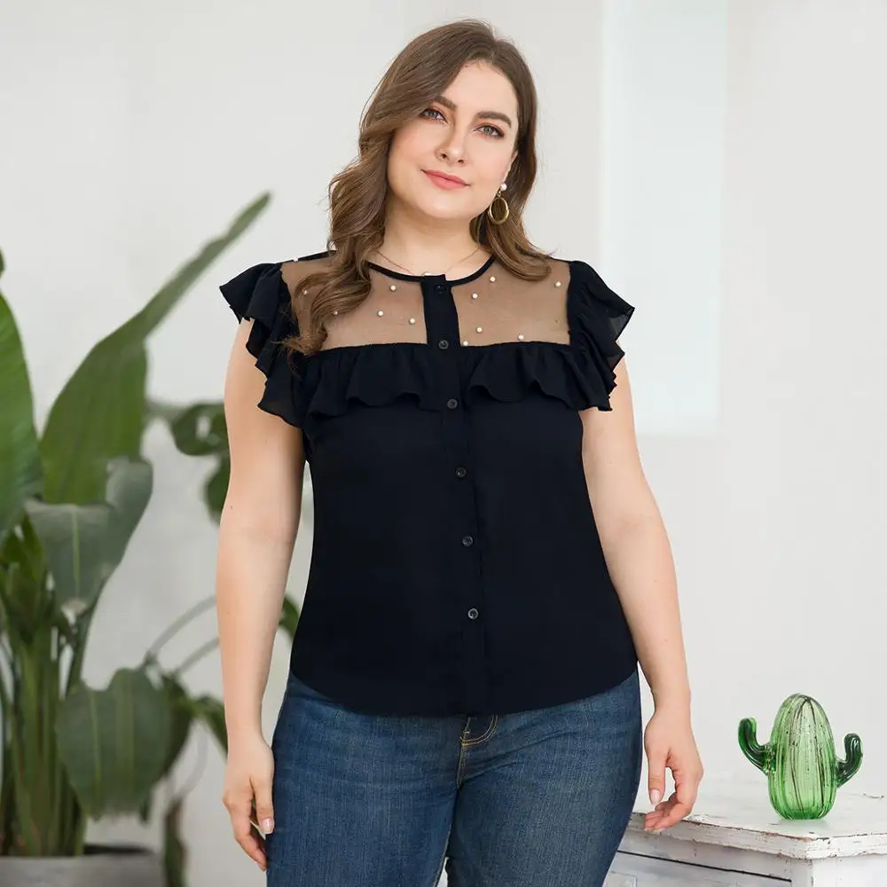 WHZHM черная рубашка с бисером Женская Плюс Размер 3XL 4XL кружевная Лоскутная