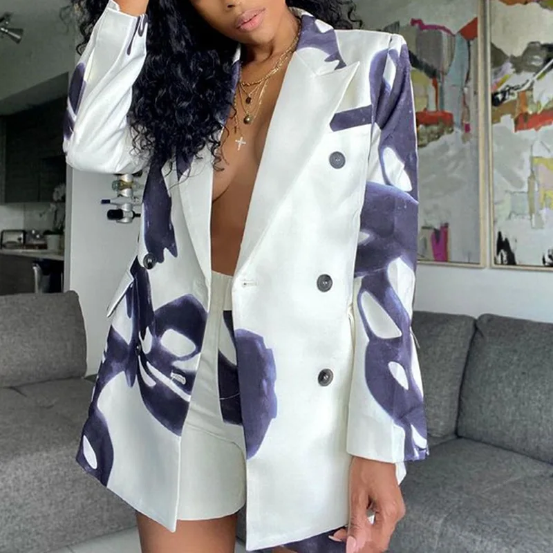 

Hot Sale 2022 New Women Sets Autumn Long Sleeve Double Breasted Blazer Shorts 2 Piece Set Lady Casual Blazer Coat Suit