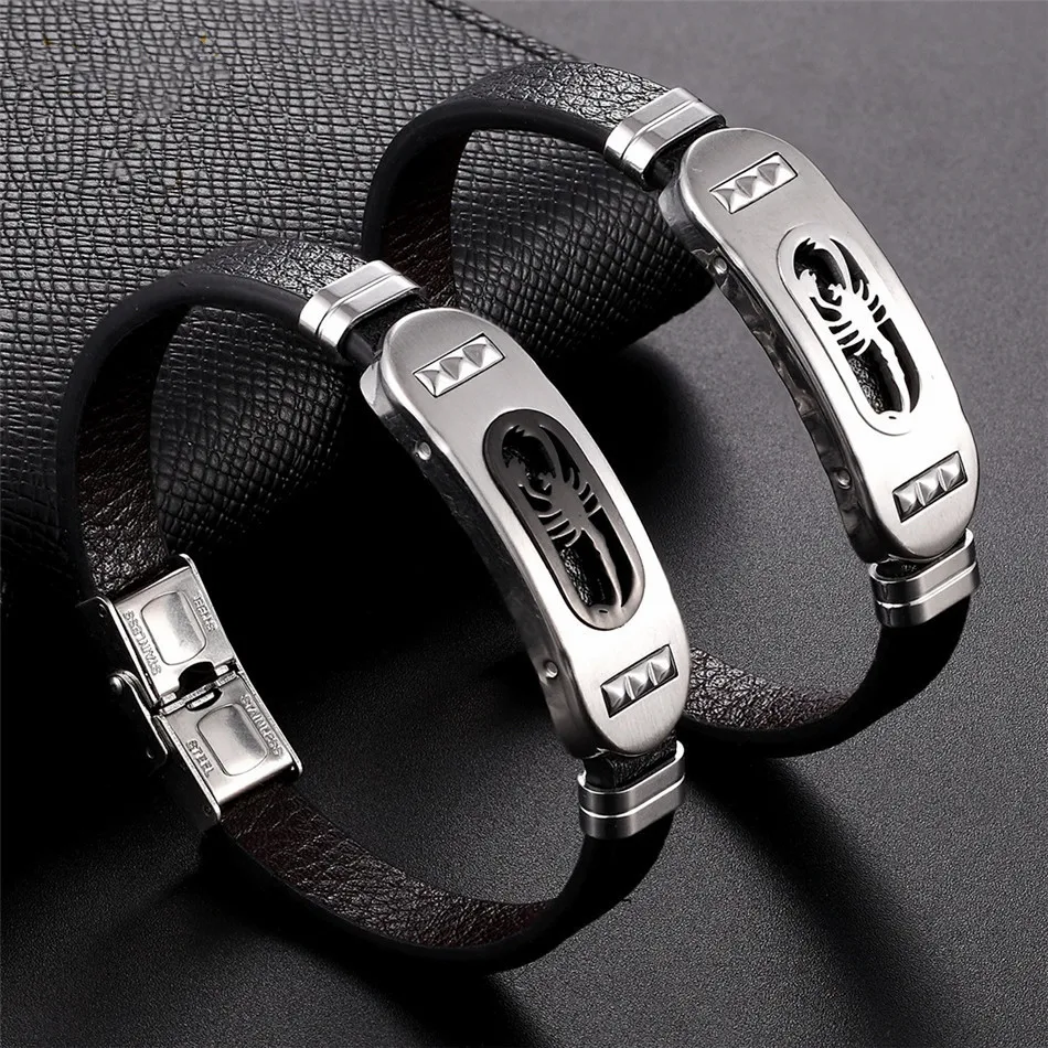 Punk Scorpion Bracelet Mens Leather Bracelets High Quality Stainless Steel Jewelry for Men Accessory Rock Male Bangles | Украшения и