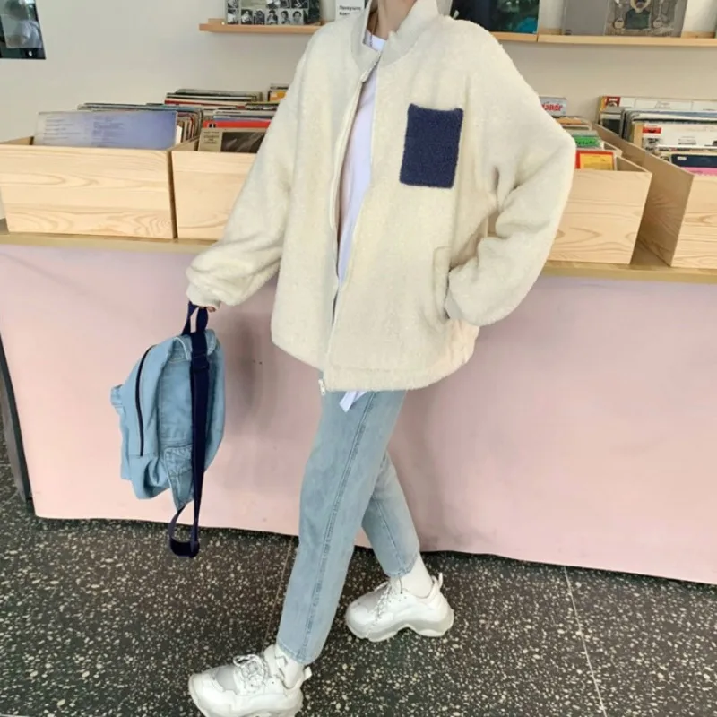 

Autumn Korean Thickened Cardigan Imitation Lamb Hair Baseball Jacket Coat Sweater Women Letter Embroidery Streetwear Sweatshirt