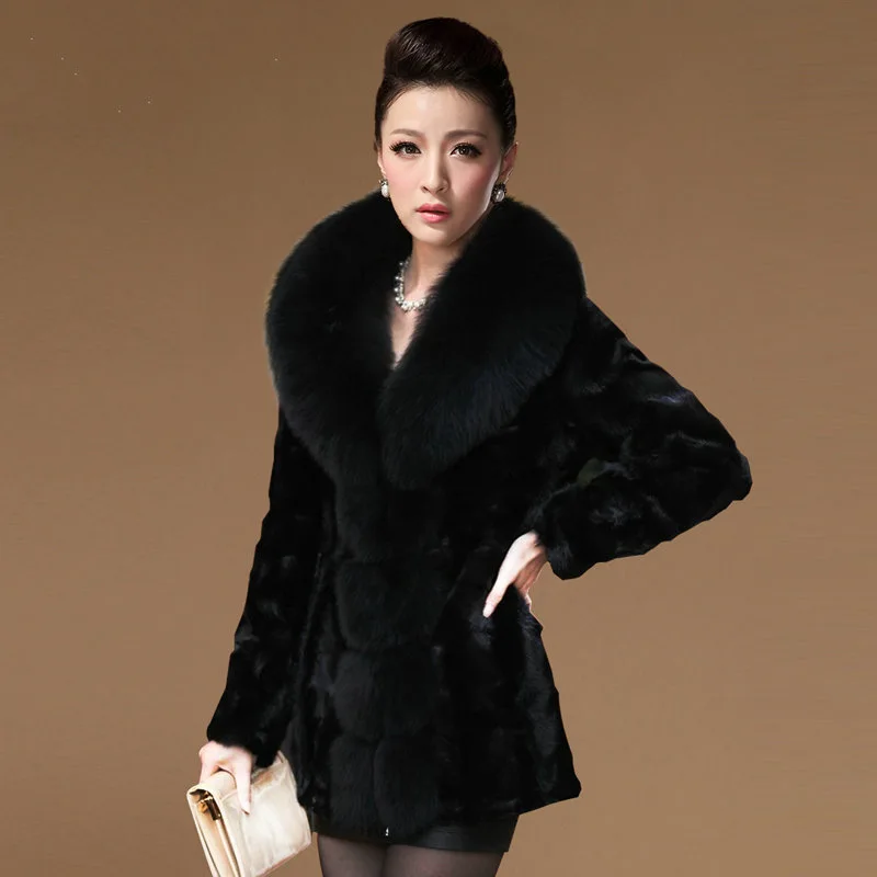 

Black 6xl Printed Mid-Length Fox Fur Collar Mink Fur Women Coat High Quality Winter 5xl 4xl Thick Warm Jack Clothes with Pockets