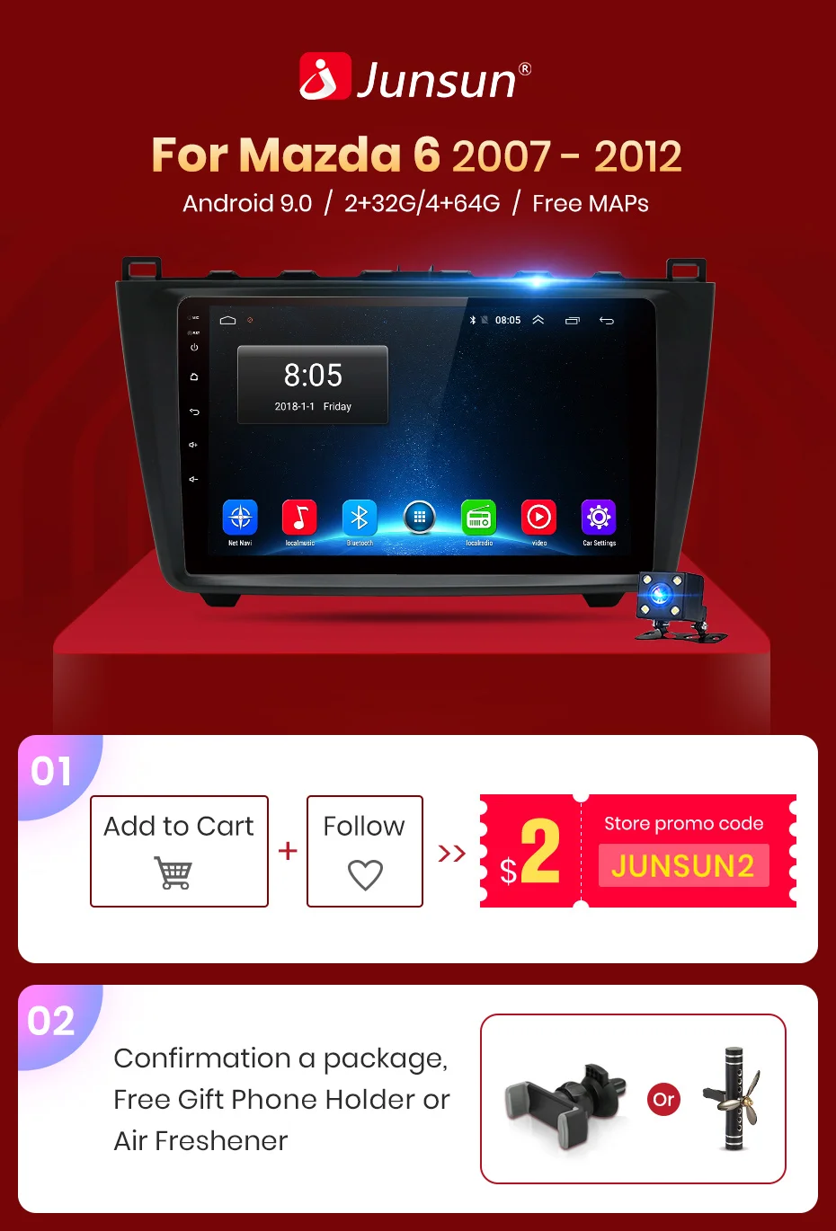 Junsun V1 2G+ 32G Android 8,1 для Mazda 6 2008 2009 2010 2011 2012 автомобильный Радио Мультимедиа Видео плеер навигация gps 2 din dvd