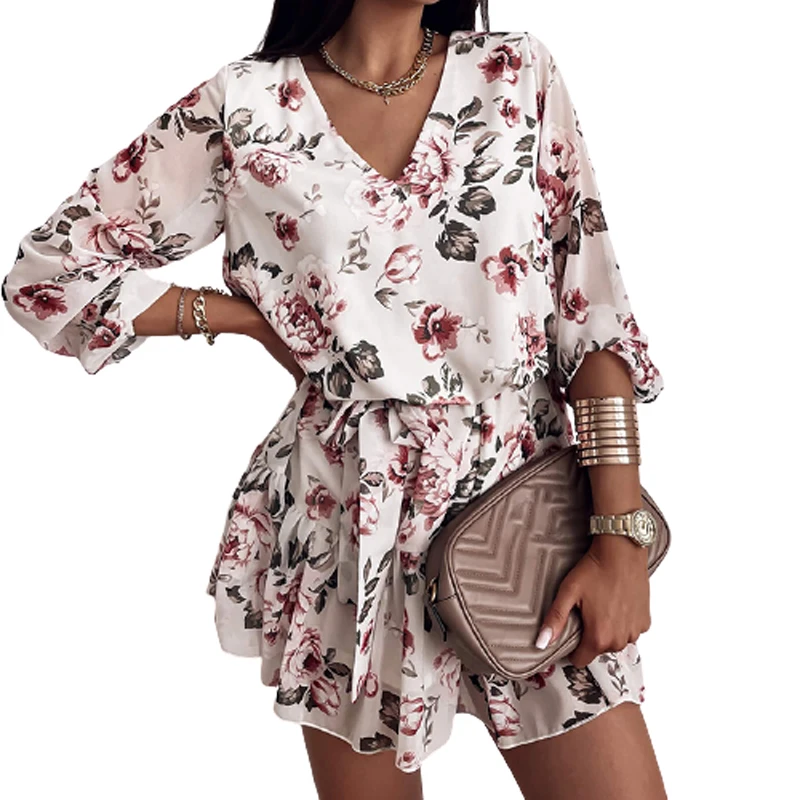 

2021 Summer Dresses Elegant For Women V Neck Print Women's Clothing Casual Party A Line Mini Dress Robe Femme Vestidos