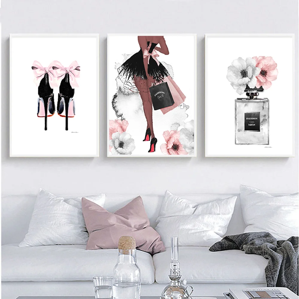 

Modern Wall Art Fashion Canvas Painting Perfume Lips Poster Nordic Print High Heels Woman Pictures for Living Room Home Decor