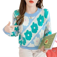 flowers jacquard knitted sweater women thick knitwear fashion casual all match loose long sleeve pullover jersey mujer