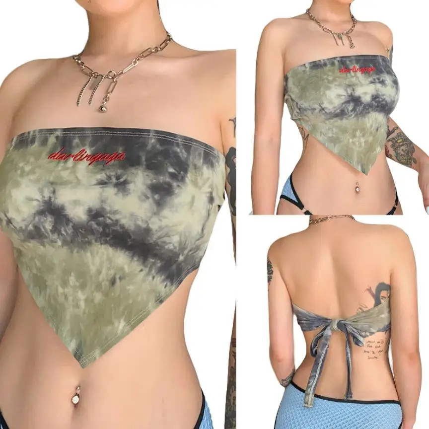 

Womens Sexy Off-shoulder Tube Tops Fashion Letter Tie-dye Bandage Exposed Navel Strapless Tops