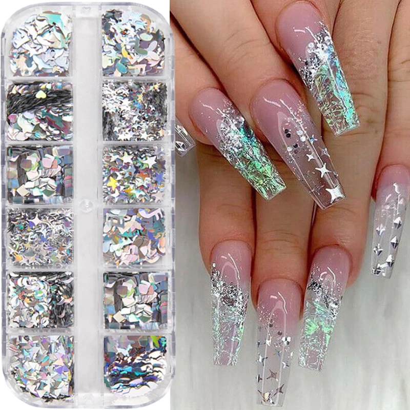 

12 Grids Holographic Laser Nail Sequins Mixed Triangle Moon Star Heart Silver Glitter Flakes Paillette Tools Nail Art Decoration