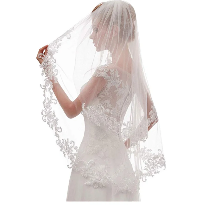 Красивая кружевная боковая инкрустированная Цветочная свадебная вуаль для