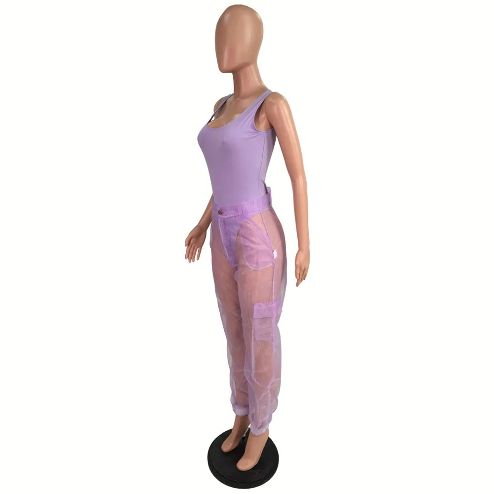 Sexy Bodysuit Top With Organza Pants Two Piece Set Casual Sleeveless Bodycon Jumpsuit Evening Club Party 2 Piece Overalls Sets