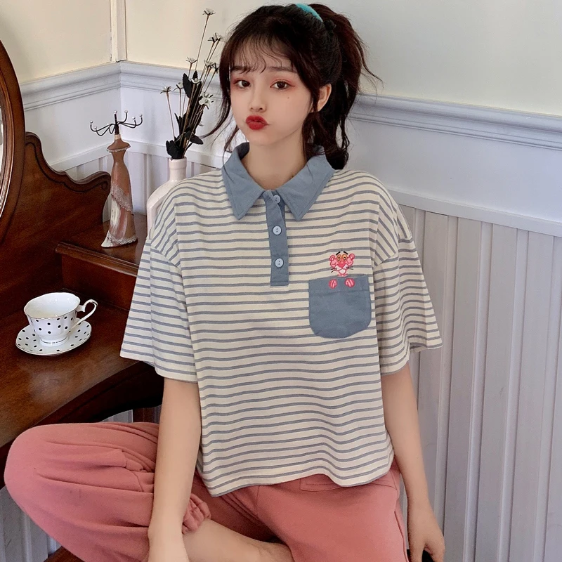 

2021 Summer Stripe Cartoon Embroidery Polo Shirt Women's Casual Short Sleeve Pink Purple Blue Harajuku Polo Shirt Women Tops