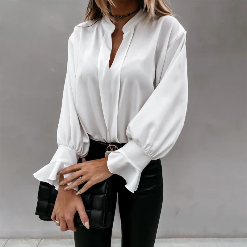 

Ruffle Patchwork Long Sleeve Solid Color V Neck Elegant Tops And Blouses Women Streetwear Plus Size Office Work Wear Blouse