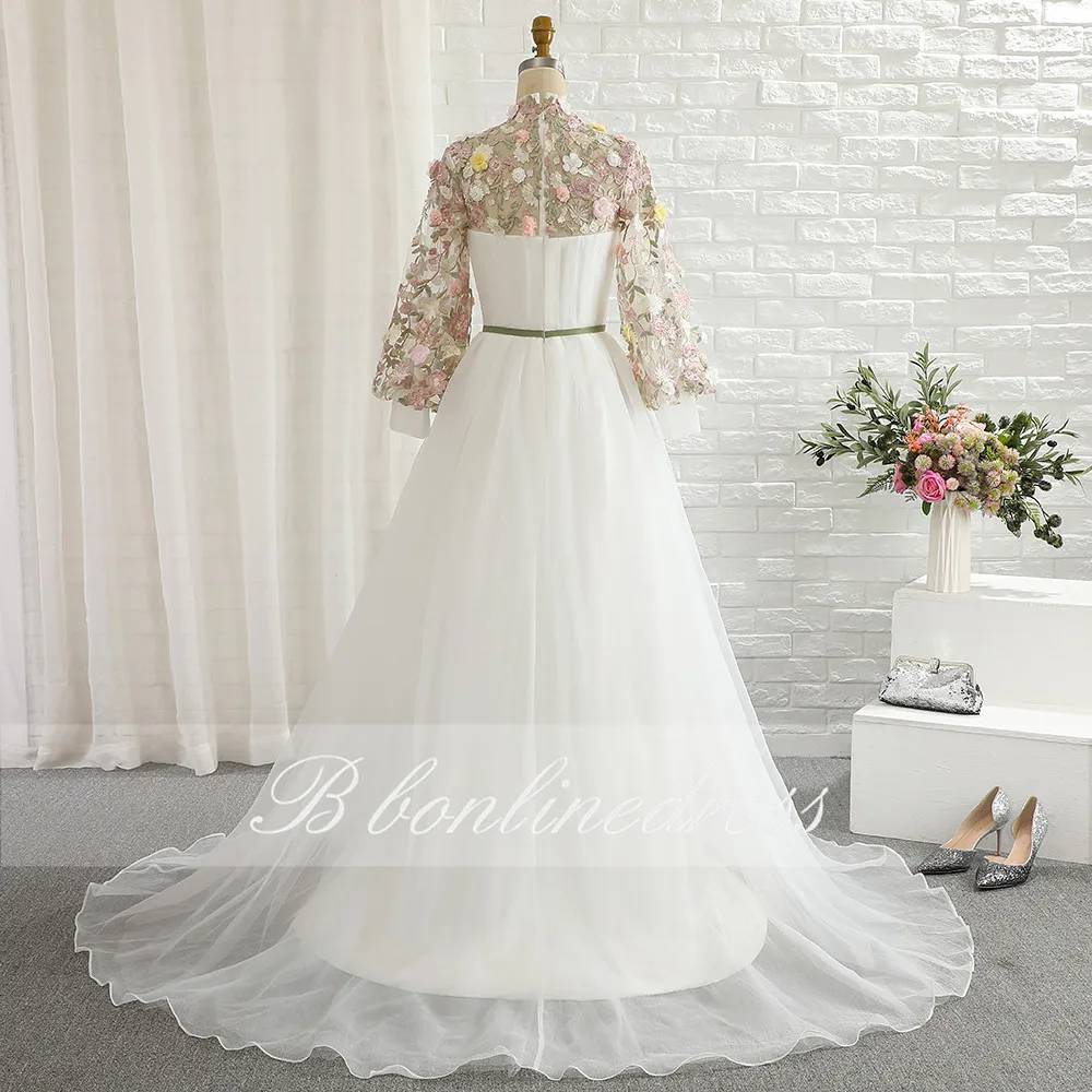 vestidos White Prom Dresses 2020 High Collar Long Evening Dress 3D Flower Split Formal Party Gowns robe de soiree Plus Size | Свадьбы и