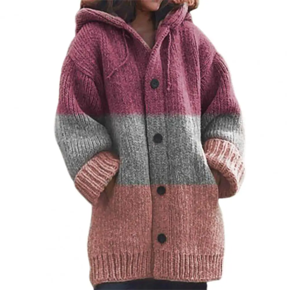 

Autumn Winter Women Jackets Buttons Closure Long Sleeve Patchwork Print Drawstring Hooded Knitted Cardigan Outerwear