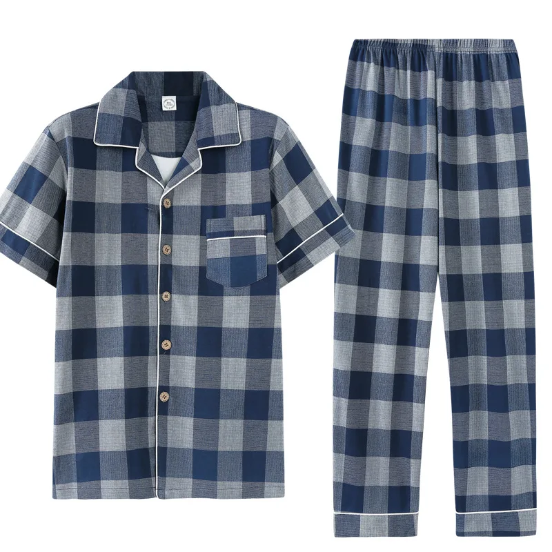 New men's spring and summer cotton short sleeve pants pajamas casual loose Plaid home wear set | Мужская одежда