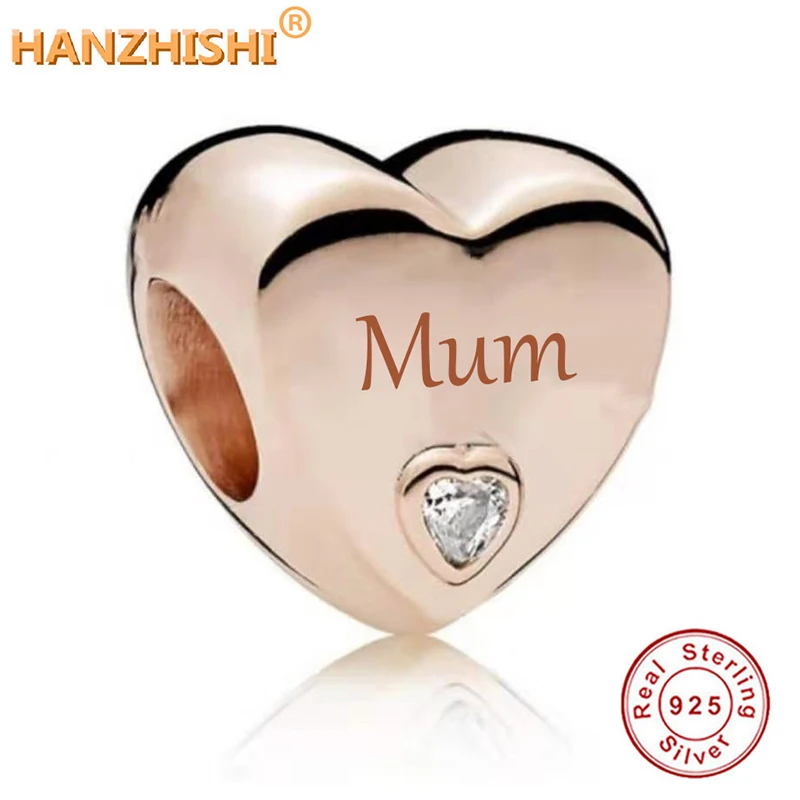 

New 100% Pure 925 Sterling Silver Rose Gold Color Heart Engraved Mum Charm Fit Original Snake Bracelets DIY Jewelry Accessories