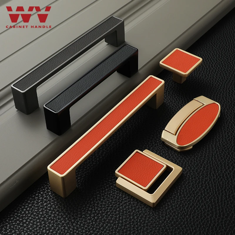 WV Leather Handles for Furniture Gold Luxury Drawer Cabinet Handle Solid Zinc Alloy Door Pulls Knobs Hardware | Обустройство дома