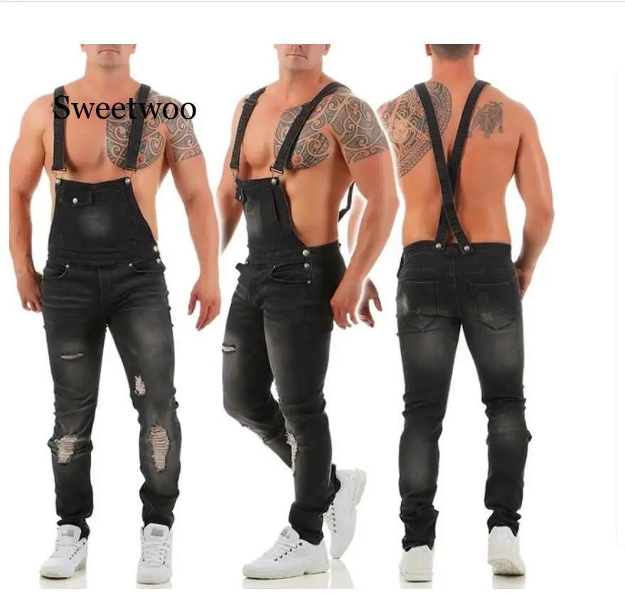 Мужской джинсовый комбинезон на подтяжках модный рваный с эффектом потертости в