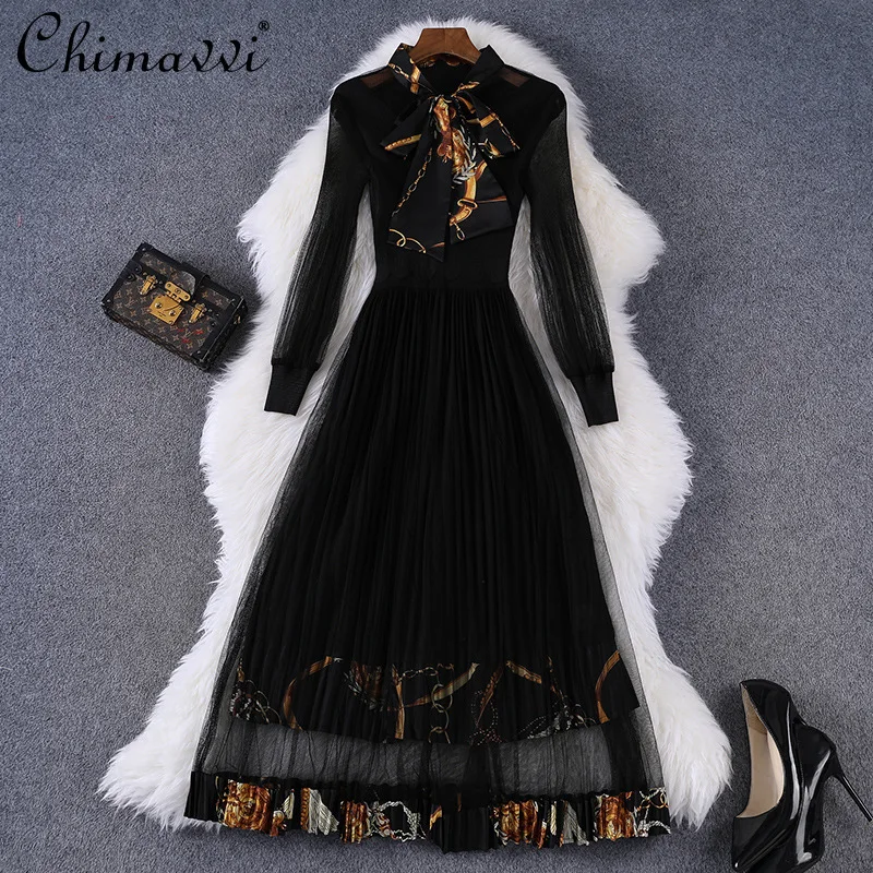

2021 Autumn Women's Clothing Round Neck Long Sleeve Mesh Crepe Elegant Dress High Waist Slimming Fairy Pleated Dress Feminine