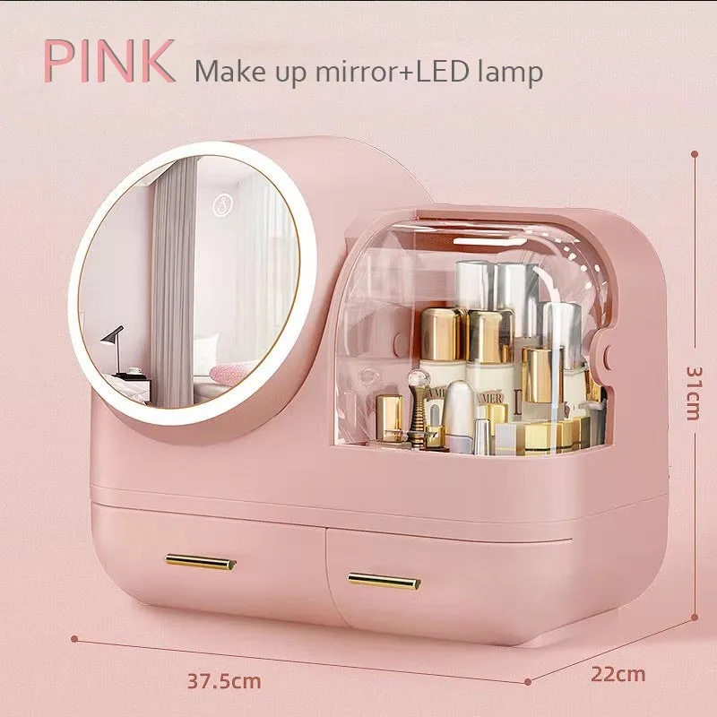 Fan Makeup Organizer LED Light Cosmetic Storage Box Transparent Desktop Organizer Fashion Clear Beauty Box 2021 Dropshipping