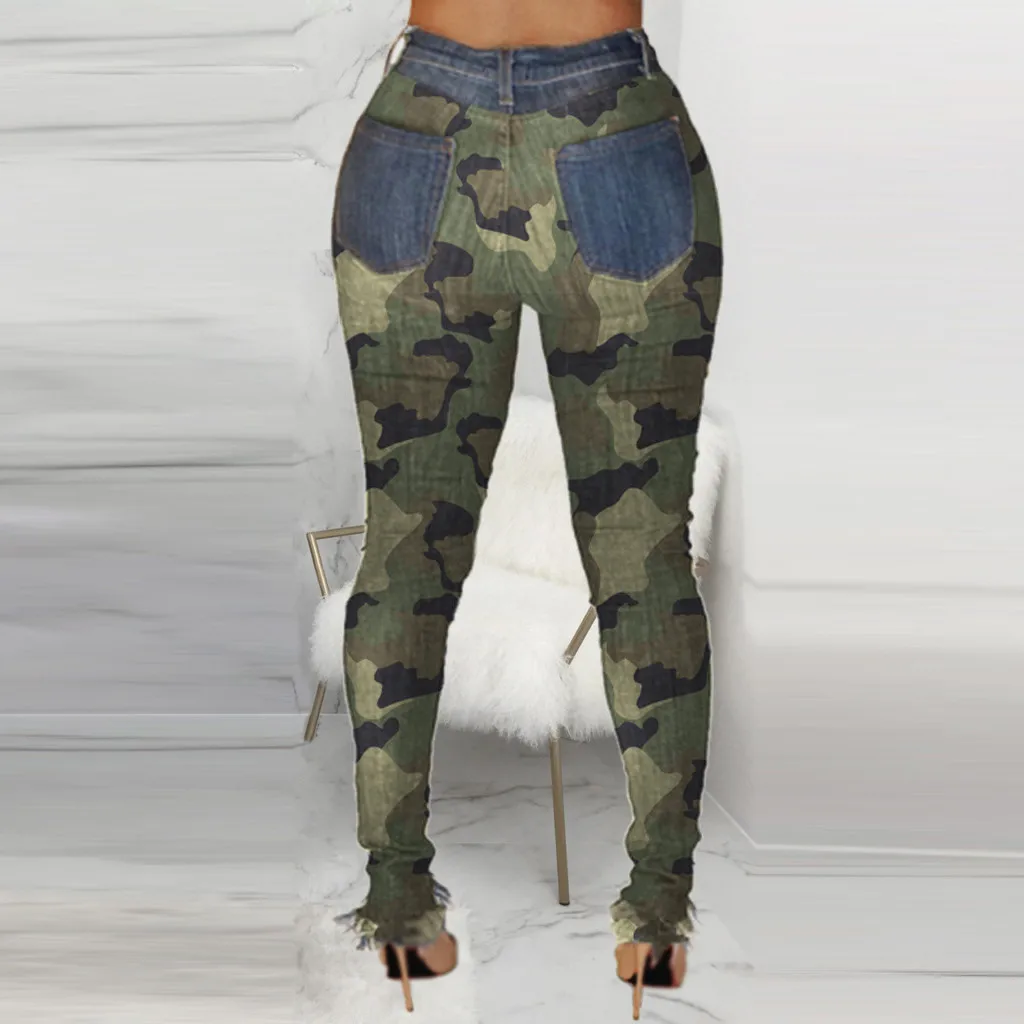 Джинсы женские камуфляжные с завышенной талией повседневные облегающие штаны из