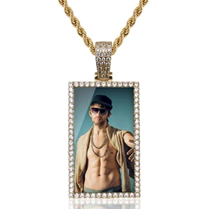 Gold Rectangle Custom Made Photos Medallions Pendant Necklace With AAA Cubic Zircon Rope Cuban Tennis Chain Drop Shipping Gift Box - Metal Color: Gold