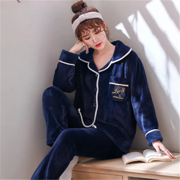Зимний пижамный комплект для женщин, новинка года, теплая симпатичная одежда для сна с длинными рукавами из кораллового флиса для девочек, домашняя одежда большого размера, комплект из двух предметов, 1565 - Цвет: Color 20