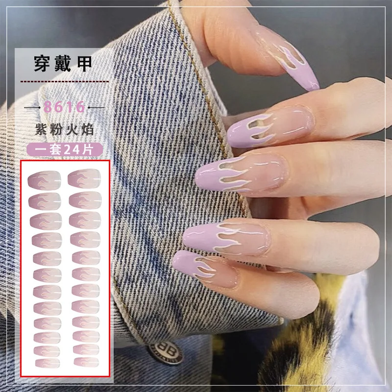 

24pcs Long Coffin French Stilettos Fake Nails Full Coverage Manicure Extension Manicure Tool Ballerina Flame Press Nail Art