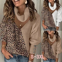 womens long sleeve v neck retro top scarf collar leopard print color block pullover 2022 new autumn winter loose casual sweater