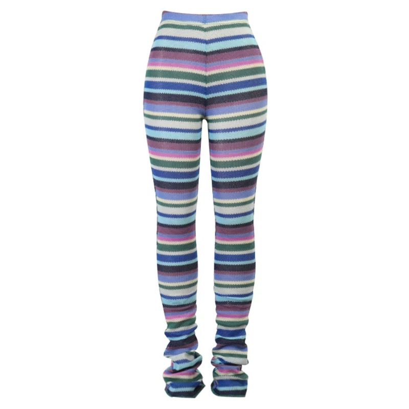 

Women High Waist Knitted Long Pants Multicolor Striped Skinny Stacked Trousers