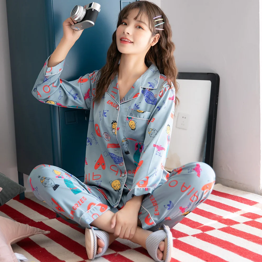 Spring And Summer LadyWomen South Korea Loose Long Sleeve Suit Pajamas Lapel Cardigan Print Sleepwear