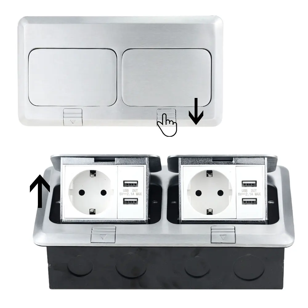 

Europe Standard Floor Socket Double Power Socket+2 USB Ports Slow Pop-Up Power Outlet Aluminum Alloy With Mount Box 220*120 mm