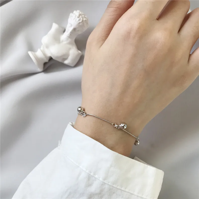RUIYI Real 925 Sterling Silver Women Fashion Round Beads Small Bell Bracelets Girls Niche Snake Chain Stylish Charm | Украшения и