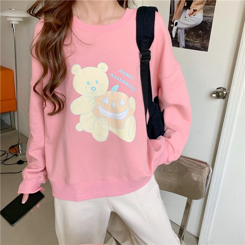 

Embroidered Pumpkin Bear Sweatshirt Street Fashion Tops 2021 y2k Women Loose Long Sleeve Pullover Sister Outfit Pink Blue New