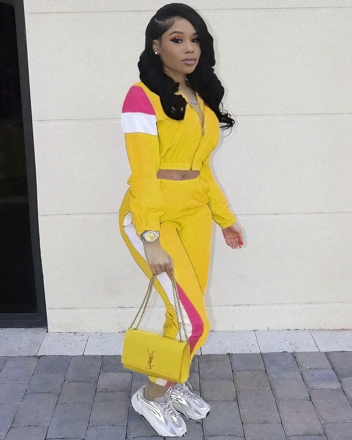 

Women's Tracksuit Colorful Patchwork Zipper Up Jackets Pencil Pants 2 Piece Set Jogging Sports Suit Women