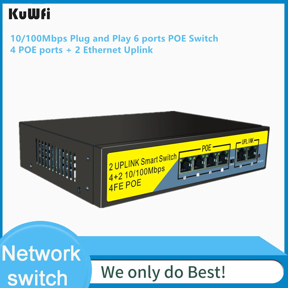 KuWFi 6 портов/4 порта PoE коммутатор 2 Uplink Power Over Ethernet 802.3af/at 78W неуправляемый