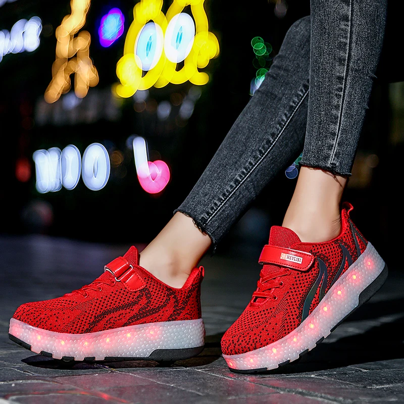 Size 28-40 Kids Roller Sneakers with lights USB Charged LED Shoes Double Wheels Children Boys Girls Luminous Skate | Детская одежда и