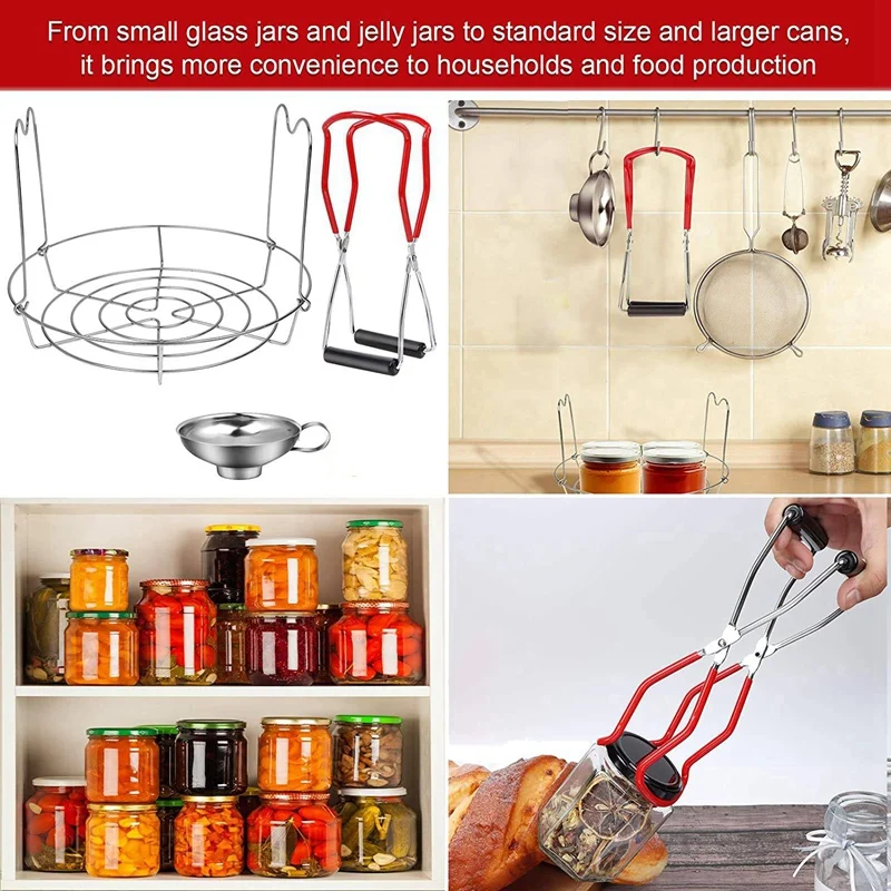 

Canning Jar Lifter Kit, Canning Jar Lifter with Grip Handle Stainless Steel Jam Funnel with Steamer Canning Rack